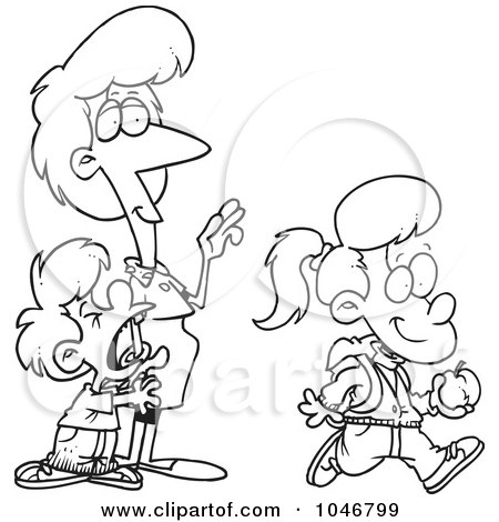 Royalty-Free (RF) Clip Art Illustration of a Cartoon Black And White Outline Design Of A Boy Crying On His Sister's First Day Of School by toonaday