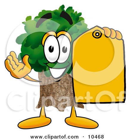 Clipart Picture of a Tree Mascot Cartoon Character Holding a Yellow Sales Price Tag by Mascot Junction