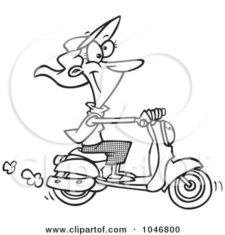Royalty-Free (RF) Clip Art Illustration of a Cartoon Black And White Outline Design Of A Woman On A Scooter by toonaday
