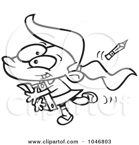 Royalty-Free (RF) Clip Art Illustration of a Cartoon Black And White Outline Design Of A Happy School Girl by toonaday