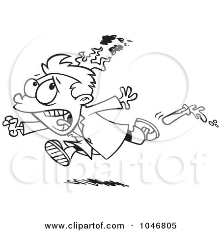 Royalty-Free (RF) Clip Art Illustration of a Cartoon Black And White Outline Design Of A Boy On Fire During A Science Experiment by toonaday