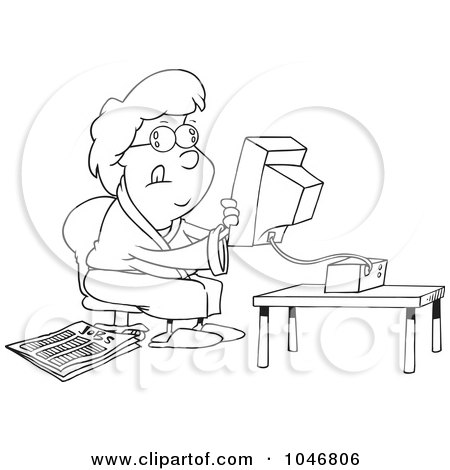 Royalty-Free (RF) Clip Art Illustration of a Cartoon Black And White Outline Design Of A Woman Holding A Computer Monitor And Searching by toonaday