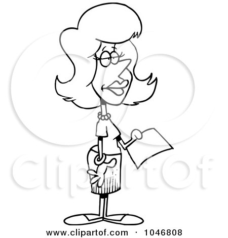 Royalty-Free (RF) Clip Art Illustration of a Cartoon Black And White Outline Design Of A Secretary Holding A Document by toonaday