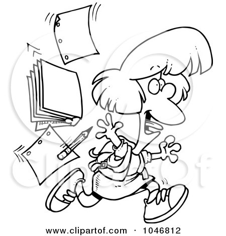 Royalty-Free (RF) Clip Art Illustration of a Cartoon Black And White Outline Design Of A Happy School Girl Leaving For Vacation by toonaday