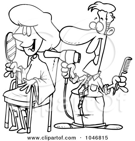 Royalty-Free (RF) Clip Art Illustration of a Cartoon Black And White Outline Design Of A Man Working On A Female Client At A Salon by toonaday