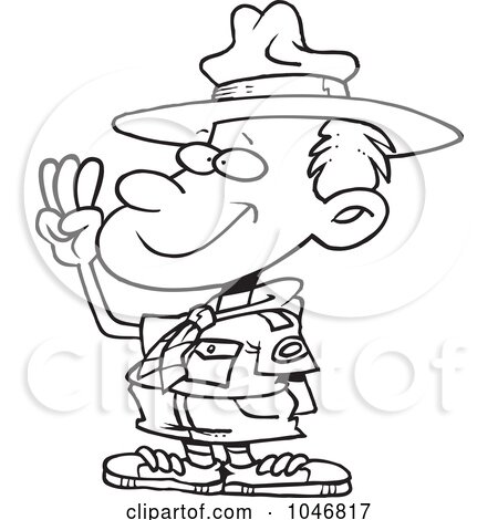 Royalty-Free (RF) Clip Art Illustration of a Cartoon Black And White Outline Design Of A Boy Scout Taking An Oath by toonaday