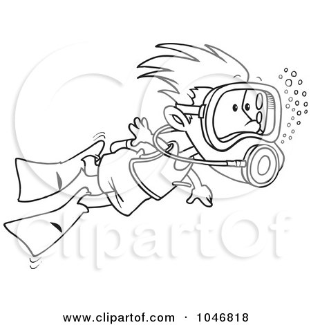 Royalty-Free (RF) Clip Art Illustration of a Cartoon Black And White Outline Design Of A Scuba Diving Boy by toonaday