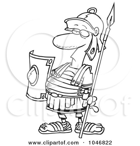 Royalty-Free (RF) Clip Art Illustration of a Cartoon Black And White Outline Design Of A Centurion Guard by toonaday