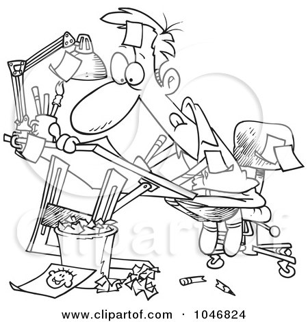 Royalty-Free (RF) Clip Art Illustration of a Cartoon Black And White Outline Design Of A Cartoonist Drawing by toonaday