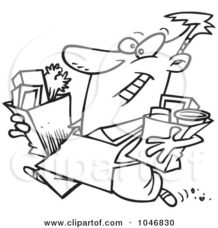 Royalty-Free (RF) Clip Art Illustration of a Cartoon Black And White Outline Design Of A Man Carrying Out Groceries by toonaday