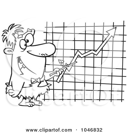 Royalty-Free (RF) Clip Art Illustration of a Cartoon Black And White Outline Design Of A Caveman Executive Pointing To A Chart by toonaday