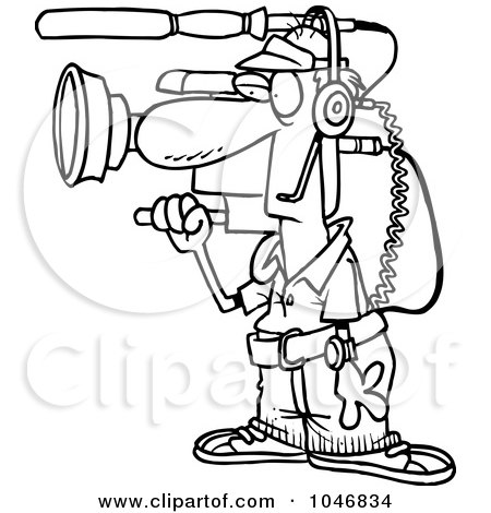 Royalty-Free (RF) Clip Art Illustration of a Cartoon Black And White Outline Design Of A Working Camera Man by toonaday