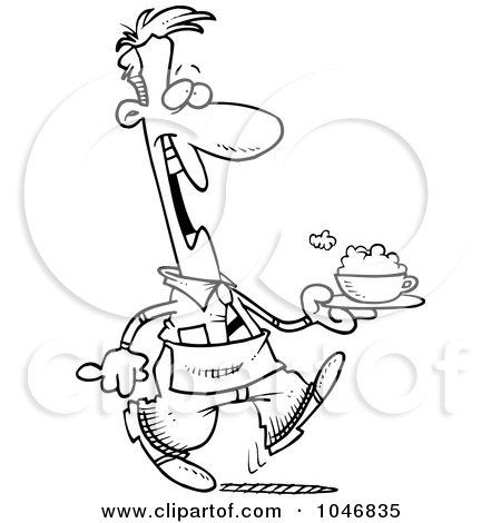 Royalty-Free (RF) Clip Art Illustration of a Cartoon Black And White Outline Design Of A Waiter Serving A Cappuccino by toonaday