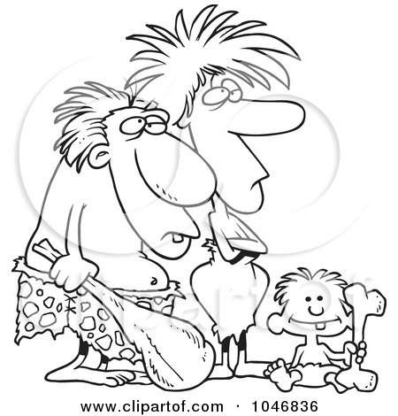 Royalty-Free (RF) Clip Art Illustration of a Cartoon Black And White Outline Design Of A Caveman Dad, Mom And Son by toonaday