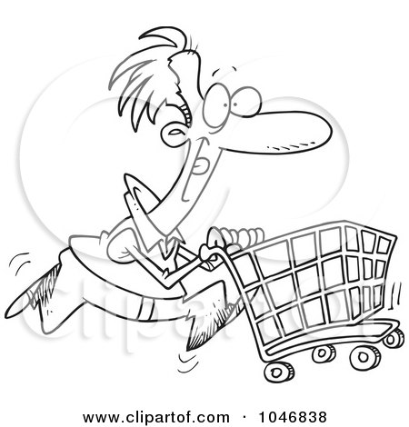Royalty-Free (RF) Clip Art Illustration of a Cartoon Black And White Outline Design Of A Man Pushing A Shopping Cart by toonaday