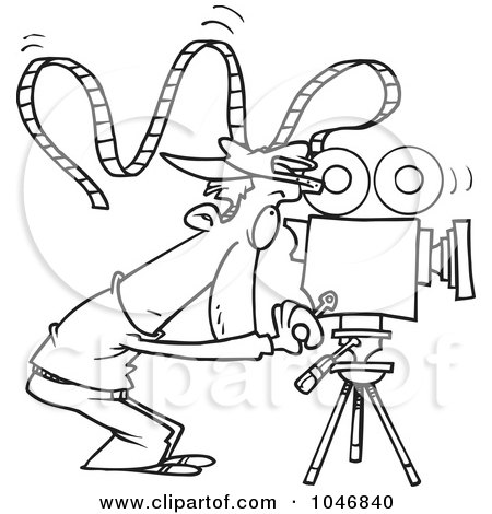 Royalty-Free (RF) Clip Art Illustration of a Cartoon Black And White Outline Design Of A Camera Man With Crazy Film by toonaday