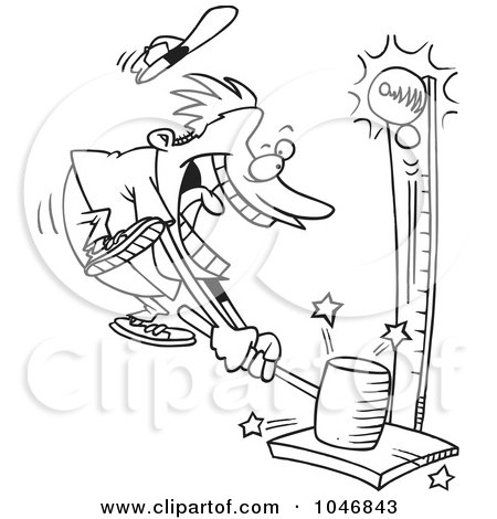 Royalty-Free (RF) Clip Art Illustration of a Cartoon Black And White Outline Design Of A Carny Man Banging A Strong Hammer by toonaday