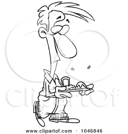 Royalty-Free (RF) Clip Art Illustration of a Cartoon Black And White Outline Design Of A Man With Stinky Cafeteria Food by toonaday