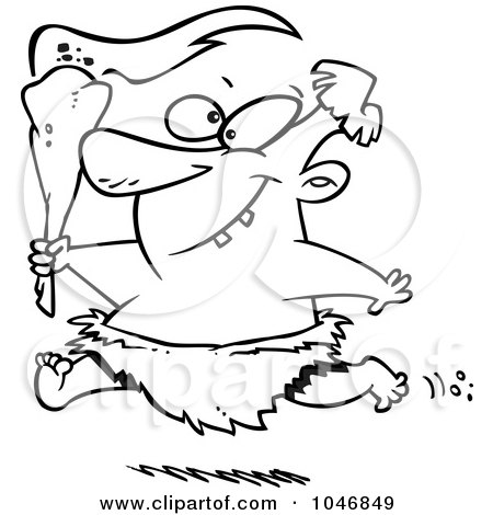 Royalty-Free (RF) Clip Art Illustration of a Cartoon Black And White Outline Design Of A Caveman Running With A Torch by toonaday