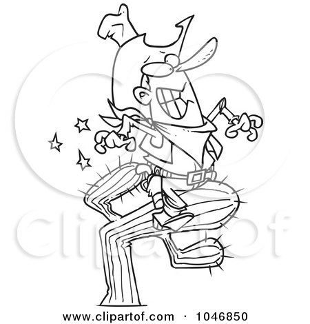 Royalty-Free (RF) Clip Art Illustration of a Cartoon Black And White Outline Design Of A Cowboy Riding A Cactus by toonaday