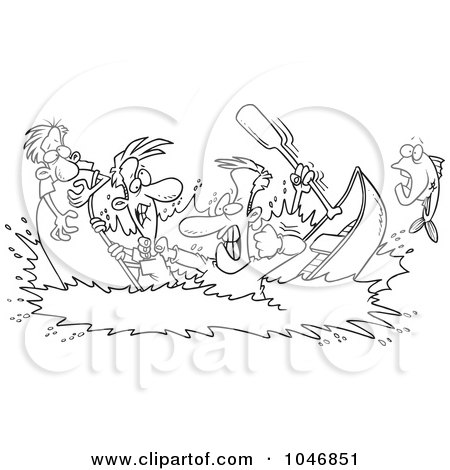 Royalty-Free (RF) Clip Art Illustration of a Cartoon Black And White Outline Design Of Men In A Canoe War by toonaday