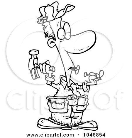 Royalty-Free (RF) Clip Art Illustration of a Cartoon Black And White Outline Design Of A Carpenter Holding Nails In His Teeth by toonaday