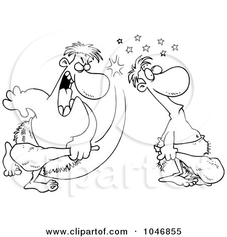 Royalty-Free (RF) Clip Art Illustration of a Cartoon Black And White Outline Design Of A Caveman Hitting Another With A Club by toonaday