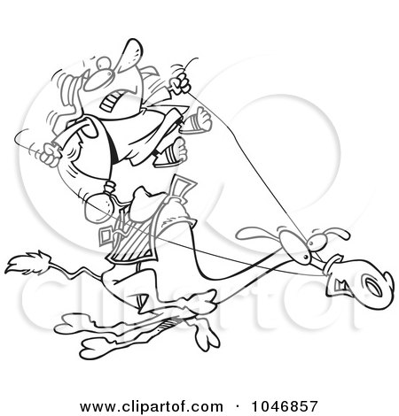 Royalty-Free (RF) Clip Art Illustration of a Cartoon Black And White Outline Design Of A Man Riding A Fast Camel by toonaday