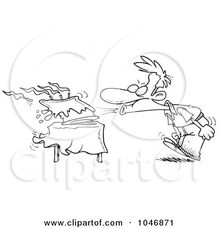 Royalty-Free (RF) Clip Art Illustration of a Cartoon Black And White Outline Design Of A Man Blowing Out The Candles On His Birthday Cake by toonaday
