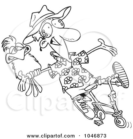 Royalty-Free (RF) Clip Art Illustration of a Cartoon Black And White Outline Design Of A Carefree Man On A Bike With A Parrot by toonaday
