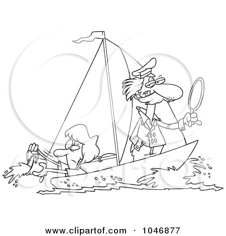 Royalty-Free (RF) Clip Art Illustration of a Cartoon Black And White Outline Design Of A Woman Scooping Buckets Of Water Out Of A Sailboat by toonaday