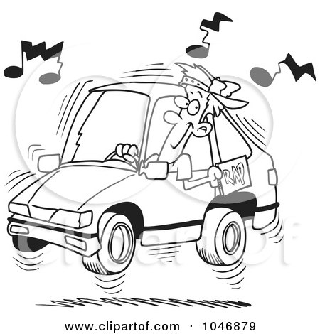Royalty-Free (RF) Clip Art Illustration of a Cartoon Black And White Outline Design Of A Man Blaring Rap Music In His Car by toonaday
