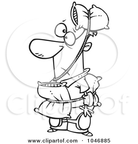 Royalty-Free (RF) Clip Art Illustration of a Cartoon Black And White Outline Design Of A Cautious Man Wearing Pillows by toonaday