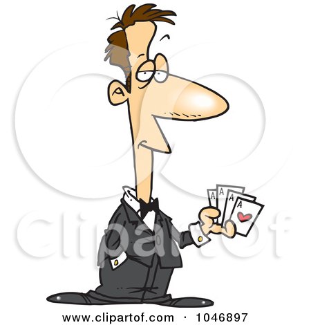 Royalty-Free (RF) Clip Art Illustration of a Cartoon Casino Man Holding Playing Cards by toonaday