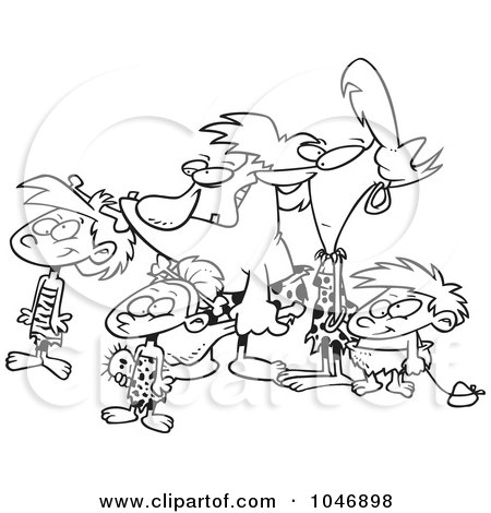 Royalty-Free (RF) Clip Art Illustration of a Cartoon Black And White Outline Design Of A Caveman Family by toonaday
