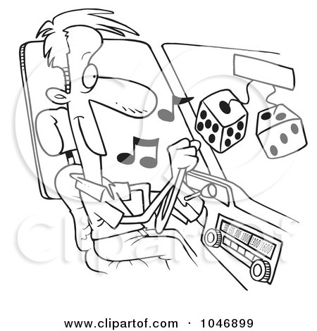 Royalty-Free (RF) Clip Art Illustration of a Cartoon Black And White Outline Design Of A Man Listing To Tunes In His Car by toonaday