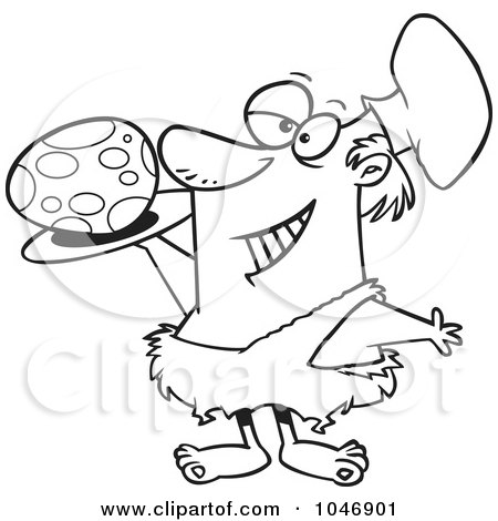 Royalty-Free (RF) Clip Art Illustration of a Cartoon Black And White Outline Design Of A Caveman Chef Serving An Egg by toonaday