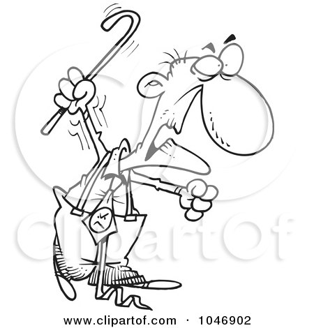 Royalty-Free (RF) Clip Art Illustration of a Cartoon Black And White Outline Design Of A Grumpy Old Man Waving His Cane by toonaday