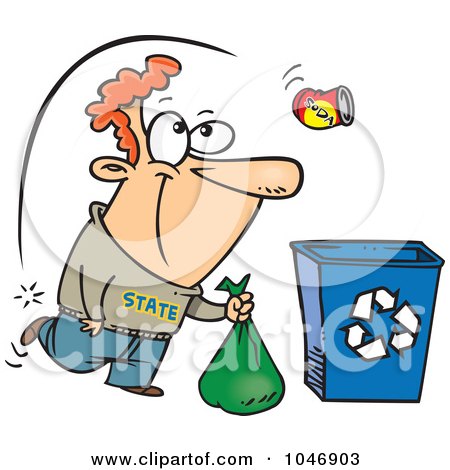 Royalty-Free (RF) Clip Art Illustration of a Cartoon Can Flying Over A Man To A Recycle Bin by toonaday