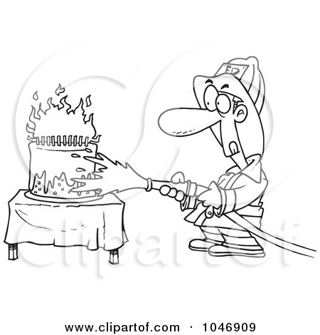 Royalty-Free (RF) Clip Art Illustration of a Cartoon Black And White Outline Design Of A Fireman Extinguishing A Birthday Cake by toonaday