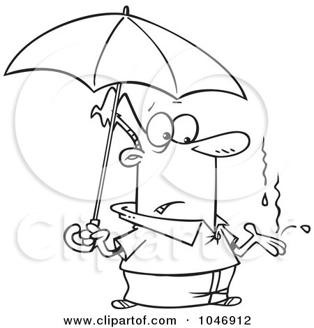 Royalty-Free (RF) Clip Art Illustration of a Cartoon Black And White Outline Design Of A Man Catching Raindrops In His Hand by toonaday