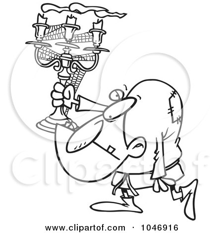 Royalty-Free (RF) Clip Art Illustration of a Cartoon Black And White Outline Design Of A Hunchback Man Carrying A Candelabra by toonaday