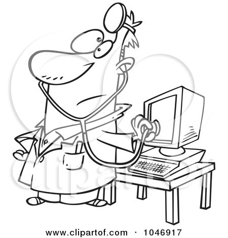 Royalty-Free (RF) Clip Art Illustration of a Cartoon Black And White Outline Design Of A Computer Doctor by toonaday