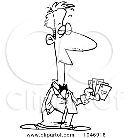 Royalty-Free (RF) Clip Art Illustration of a Cartoon Black And White Outline Design Of A Casino Man Holding Playing Cards by toonaday