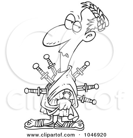 Royalty-Free (RF) Clip Art Illustration of a Cartoon Black And White Outline Design Of A Caesar Stabbed With Swords by toonaday