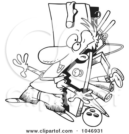 Royalty-Free (RF) Clip Art Illustration of a Cartoon Black And White Outline Design Of A Hoarder Man With A Full Closet by toonaday