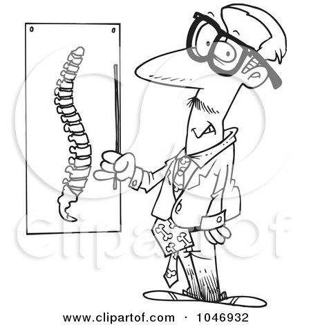 Royalty-Free (RF) Clip Art Illustration of a Cartoon Black And White Outline Design Of A Chiropractor By A Spine Chart by toonaday