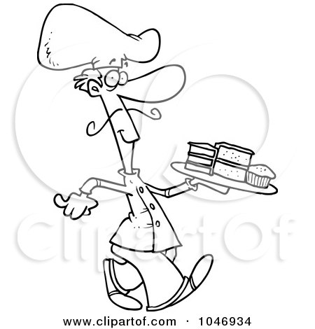 Royalty-Free (RF) Clip Art Illustration of a Cartoon Black And White Outline Design Of A Dessert Chef by toonaday