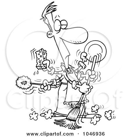 Royalty-Free (RF) Clip Art Illustration of a Cartoon Black And White Outline Design Of A Man Spring Cleaning by toonaday