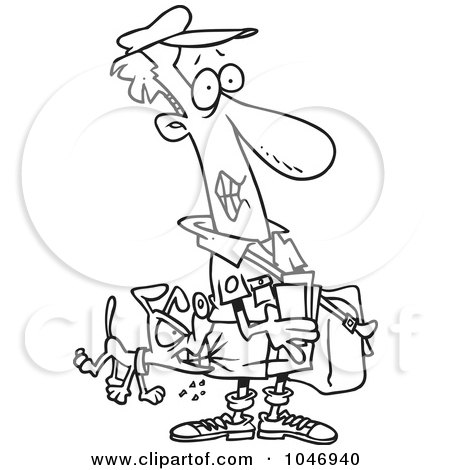Royalty-Free (RF) Clip Art Illustration of a Cartoon Black And White Outline Design Of A Dog Biting A Mail Man by toonaday